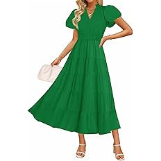 ZESICA Women's Summer Casual Maxi Dress 2026 Puff Short Sleeve V Neck Ruffle Tiered Flowy Boho Be... | Amazon (US)