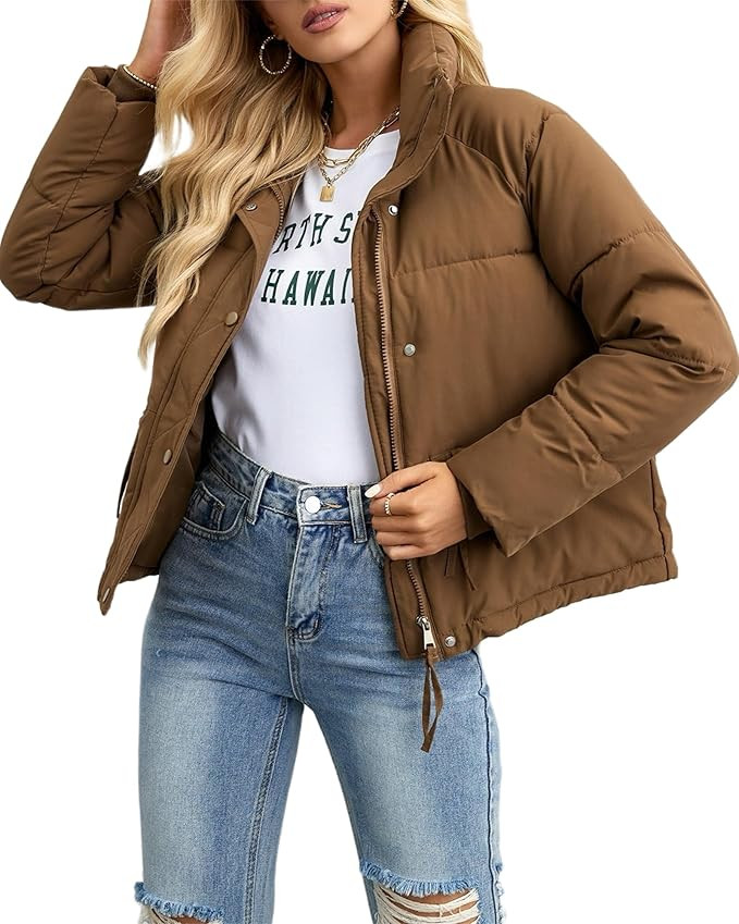 Womens Cropped Puffer Jacket Full Zip Quilted Jackets Warm Winter Coat Outerwear with Pockets | Amazon (US)