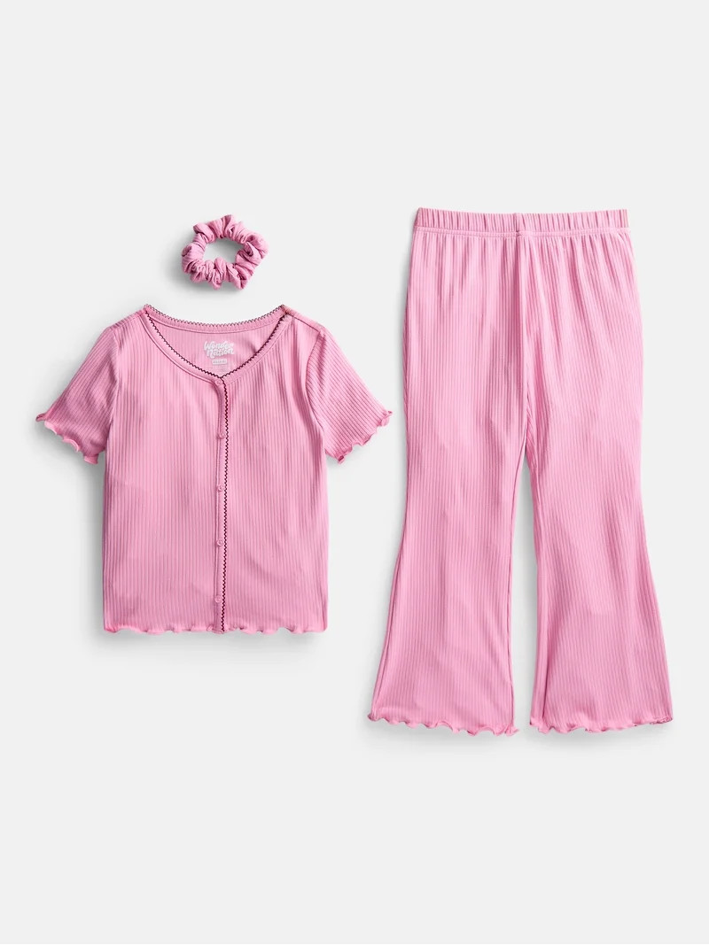 Wonder Nation Girls Ribbed Top and Pants Pajama Set with Scrunchie, 2 Piece, Sizes 4-18 | Walmart (US)