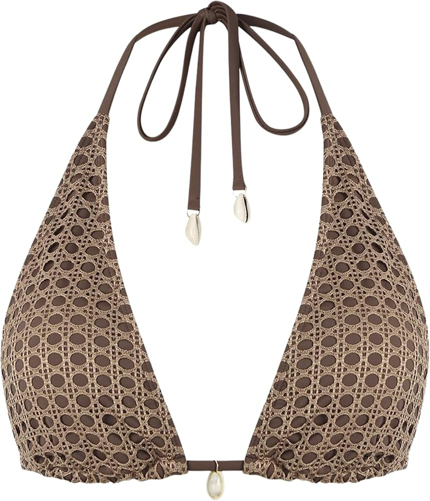 ZAFUL Women's Triangle Bikini Top Multiway Fishnet Tie Back Bandeau Halter String Bikini Swimsuit... | Amazon (US)