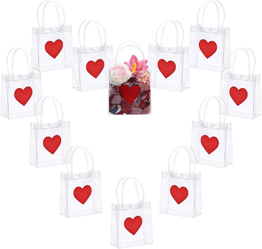 Glenmal 24 Pcs Valentines Day Clear Gift Bags with Handle Transparent PVC Plastic Red Heart Love ... | Amazon (US)