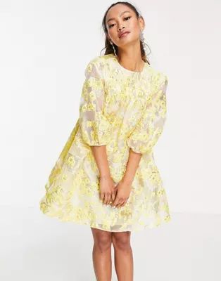 ASOS DESIGN metallic jacquard mini dress with puff sleeves in yellow | ASOS (Global)