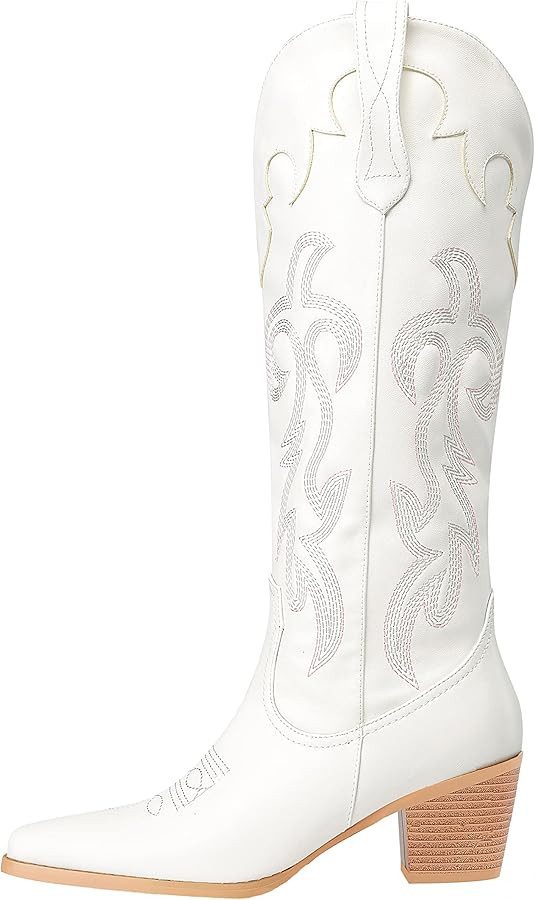 Oh Mispares Women's Western Style Knee High Cowgirl Boots Embroidered Wide Calf Pointed Toe Chunk... | Amazon (US)