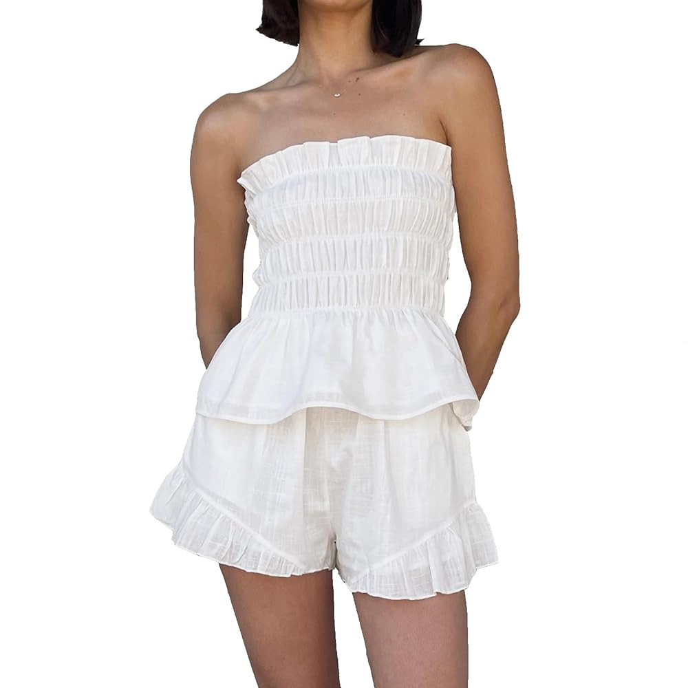 Women Summer 2 Piece Vacation Outfits Solid Color Sleeveless Backless Smocking Tube Top Ruffle Sh... | Amazon (US)