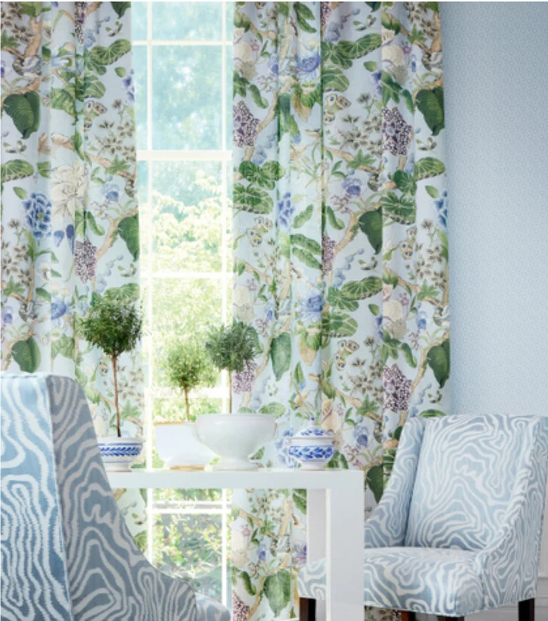 Spa Blue Green White Curtains Thibaut Curtains Large Floral Hill Garden Custom Thibaut Drapes Dra... | Etsy (US)