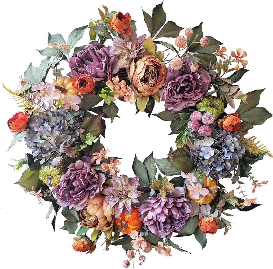 WANNA-CUL 24 Inch Fall Wreath for Front Door with Blue Hydrangea, Purple Orange Peony and Pumpkin... | Amazon (US)