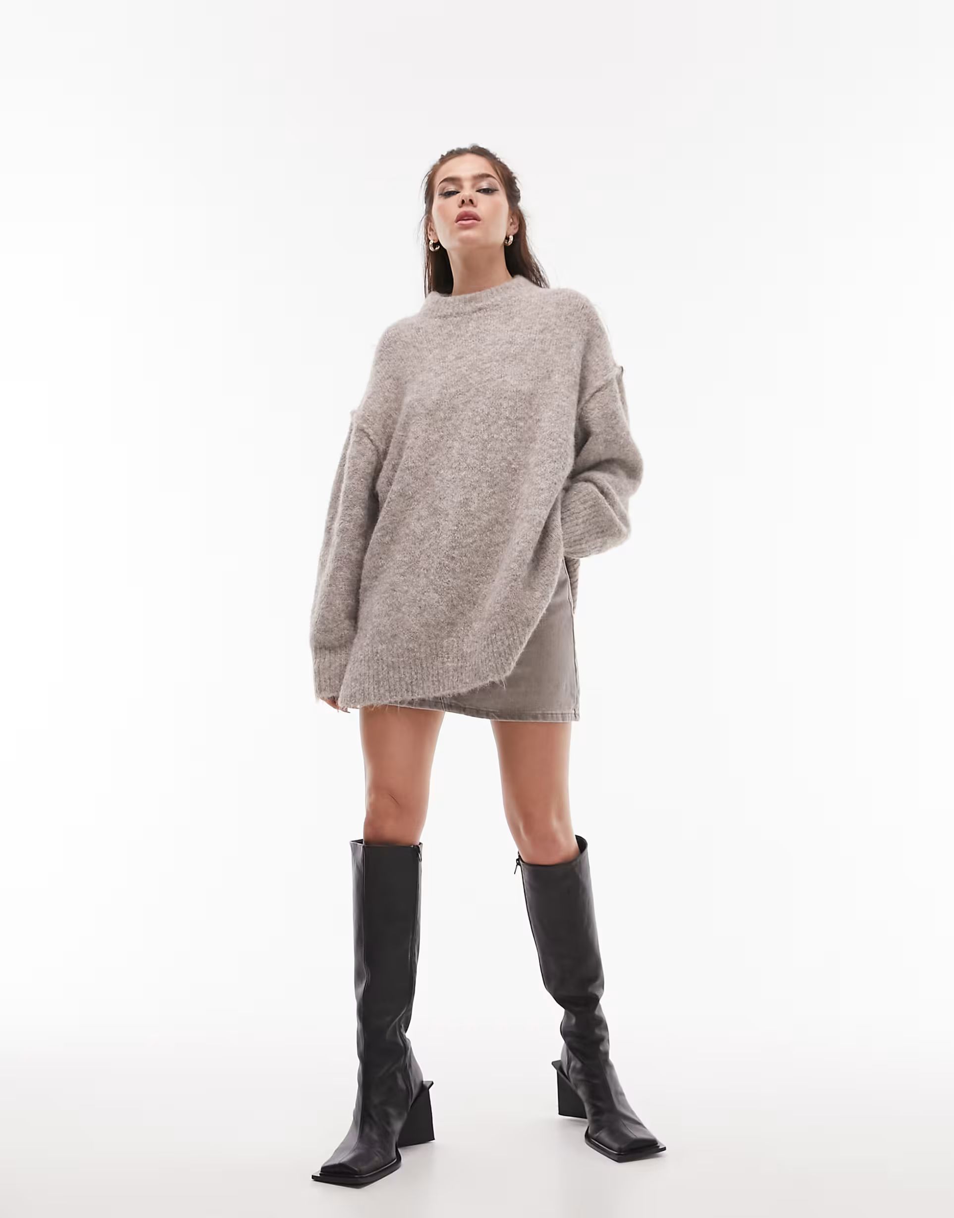 Topshop knitted longline exposed seam fluffy crew neck sweater in oat | ASOS (Global)