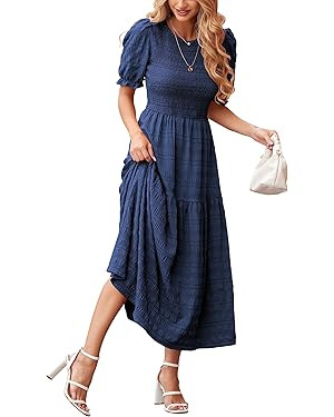 dowerme Women Summer Dresses 2024 Casual Puff Short Sleeve Crewneck Smocked Flowy Ruffle Boho Bea... | Amazon (US)