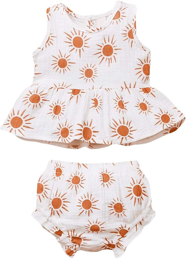 Baby Girls Floral Ruffle Halter Dress T-Shirt Sleeveless + Short Pants Summer Casual Clothing Set | Amazon (US)