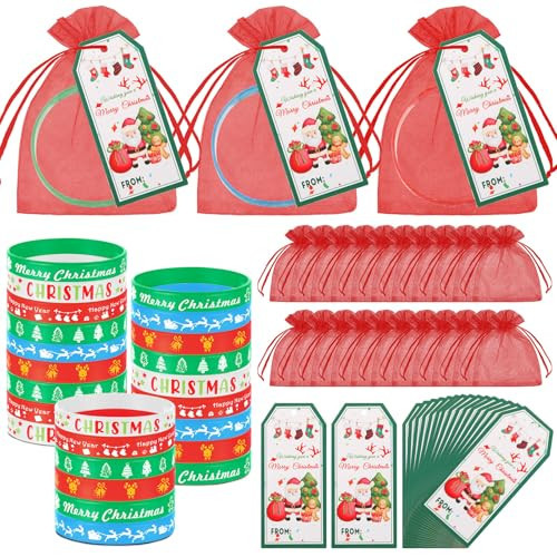 Liliful 72 Pcs Christmas Gifts 24 Set Christmas Students Gifts, Xmas Silicone Wristbands with Gift Label Tags and Organza Bags for Kids Stocking Stuffers Classroom Gift Party Favors(Merry Style) | Amazon (US)
