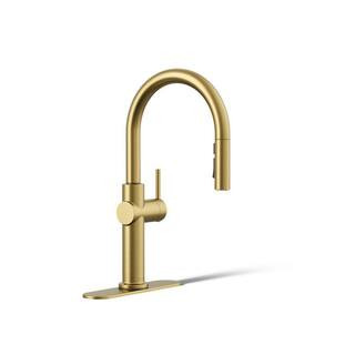 KOHLER Crue Single-Handle Pull-Down Sprayer Kitchen Faucet in Vibrant Brushed Moderne Brass K-229... | The Home Depot