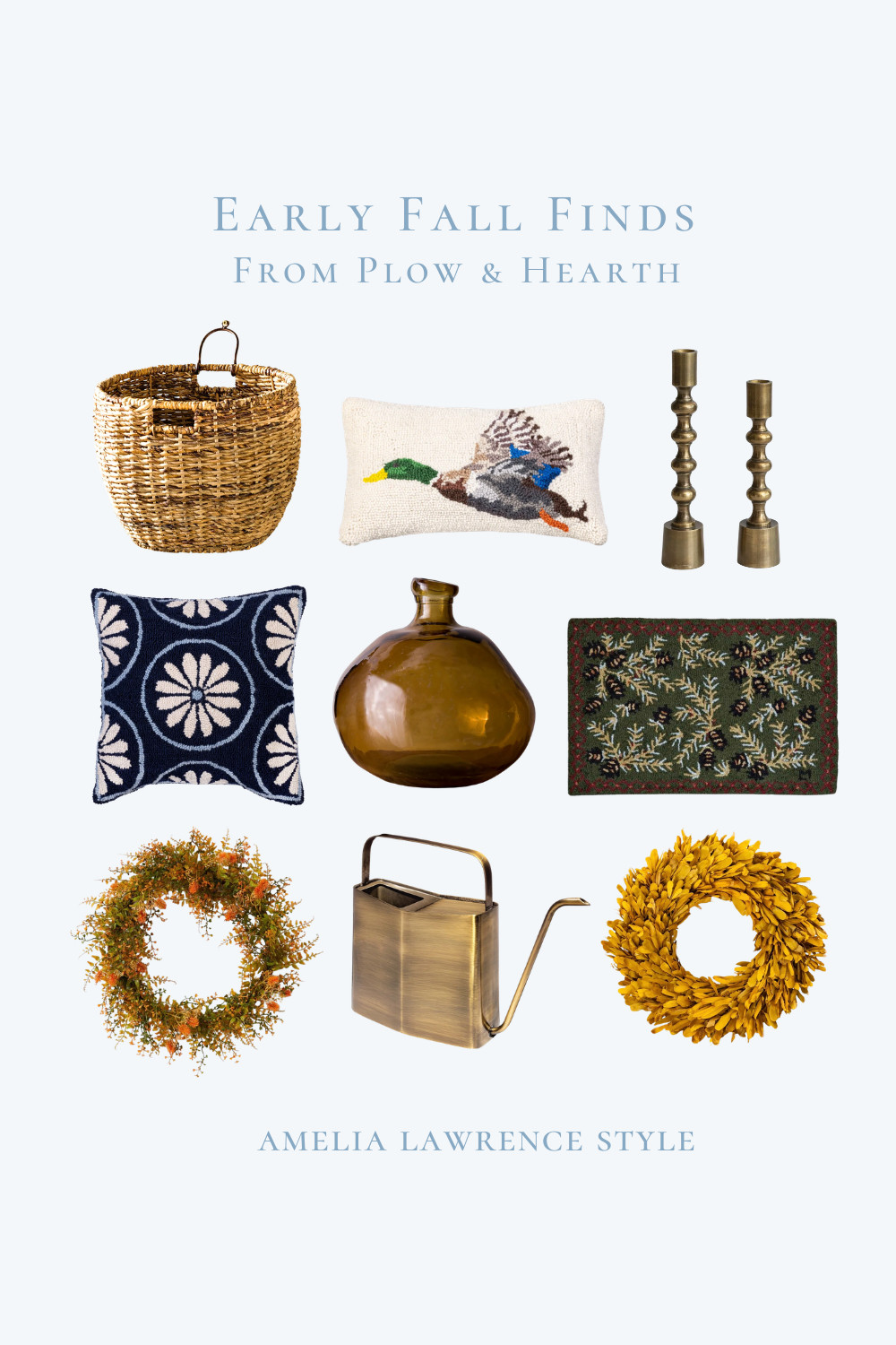Early fall finds from Plow & Hearth. Hanging basket, duck pillow, embroidered pillow, brass candlesticks, watering can, rug, throw pillows, navy blue, wreath, fall wreath, glass decor, fall finds, fall decor.

#LTKSeasonal #LTKHome #LTKSaleAlert