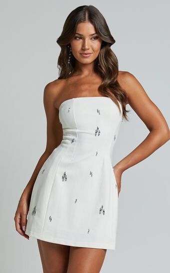 Anziel Mini Dress - Strapless Structured Cluster Embellishment Dress in White | Showpo (US, UK & Europe)