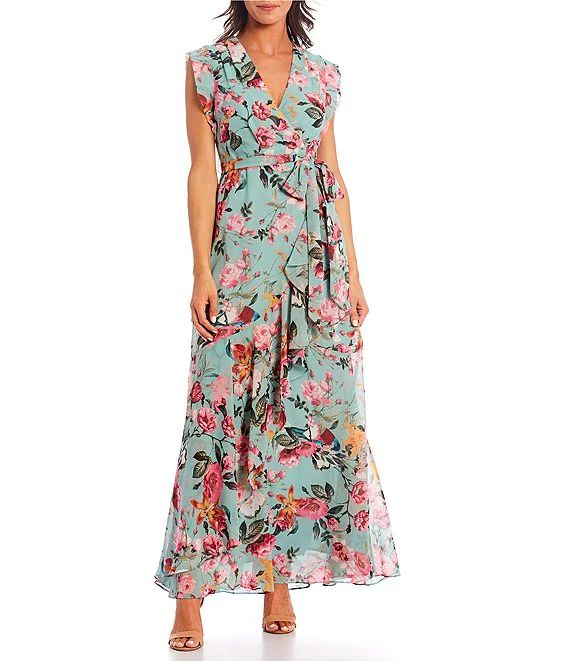 Floral Print Faux Wrap Tie Waist Cap Sleeve Surplice V-Neck Ruffle Front Maxi Dress | Dillard's