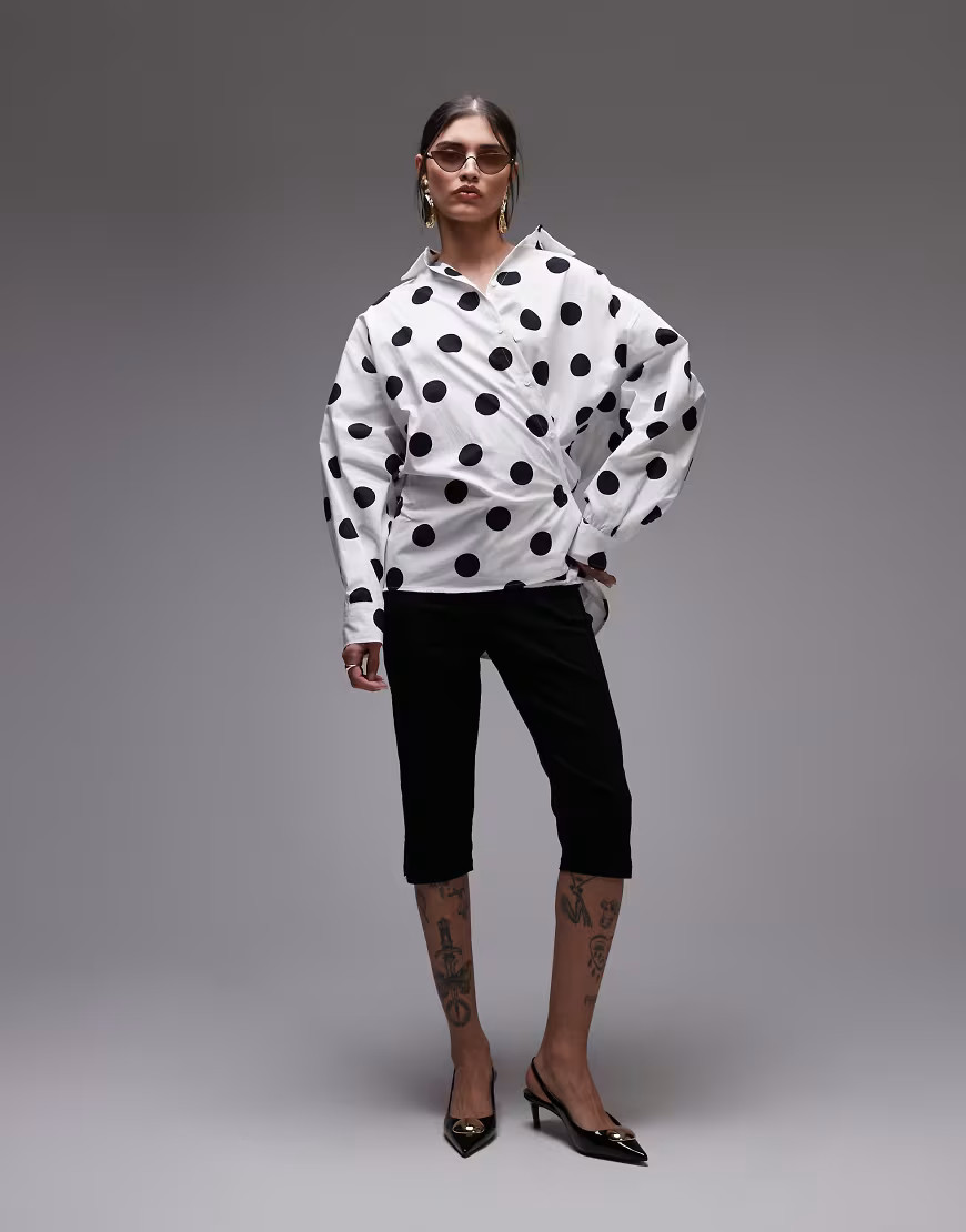 ASOS DESIGN poplin cinch detail wrap shirt in polka dot print-Multi | ASOS (Global)