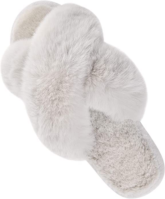 Amazon.com | Women's Cross Band Slippers Fuzzy Soft House Slippers Plush Furry Warm Cozy Open Toe... | Amazon (US)
