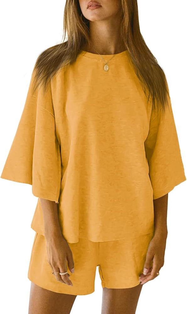 Tankaneo Womens Pajama Sets 3/4 Sleeve Oversized Tops and Elastic Waist Shorts Lounge Sets Lounge... | Amazon (US)