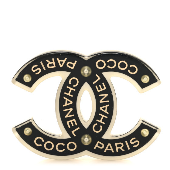 Resin Crystal Chanel Paris Logo CC Brooch Black White Gold | FASHIONPHILE (US)