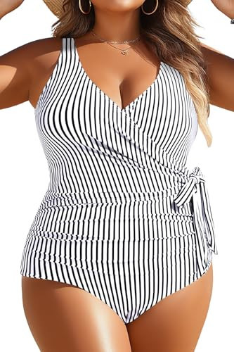 Yonique Plus Size One Piece Swimsuits for Women Tummy Control Bathing Suits Full Coverage Swimwear Black Striped 18W | Amazon (US)
