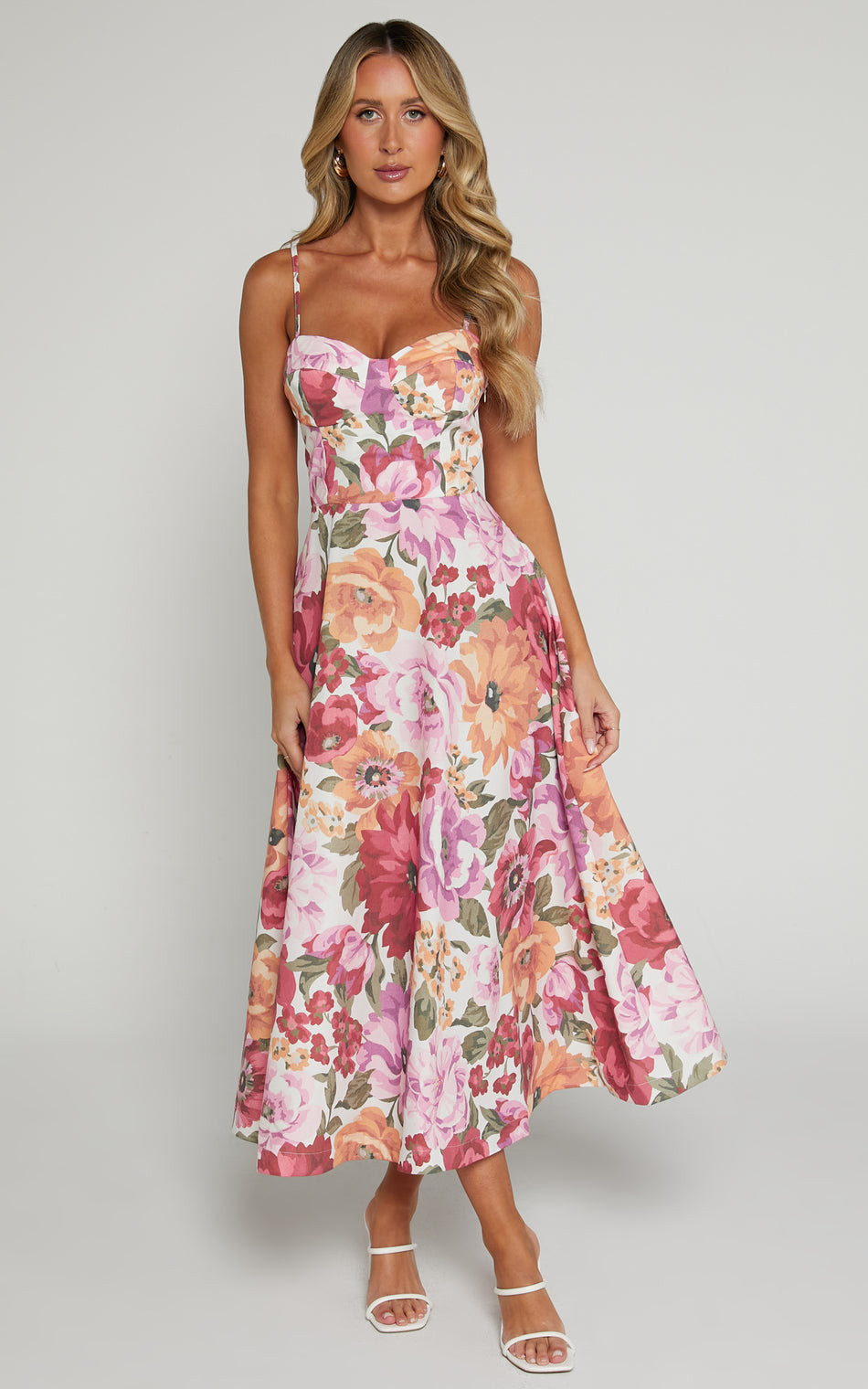 Robertson Midi Dress - Strappy Sweetheart Bustier Flare Dress in Spring Floral | Showpo (US, UK & Europe)
