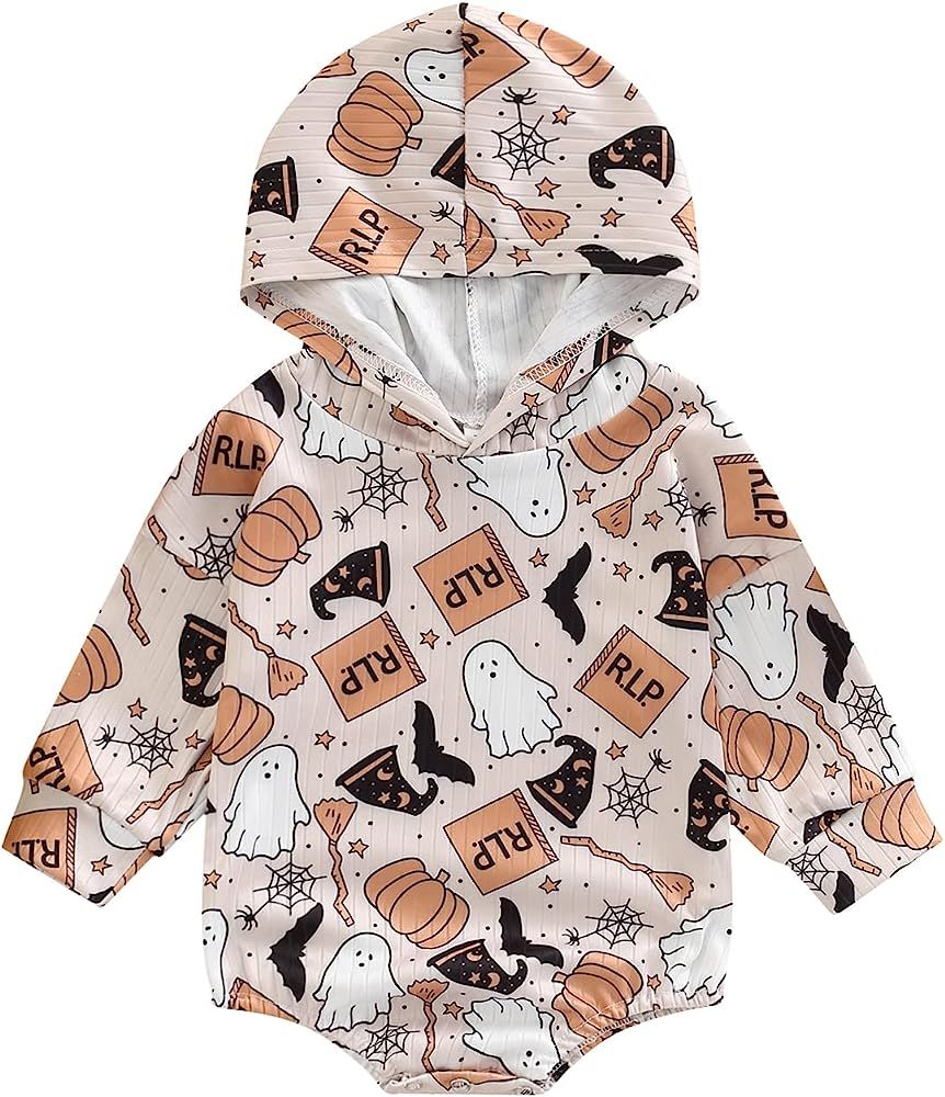 Halloween Outfit Infant Baby Girl Boy Hooded Sweatshirt Romper Onesie Ribbed Ghost Skull Flower Body | Amazon (US)