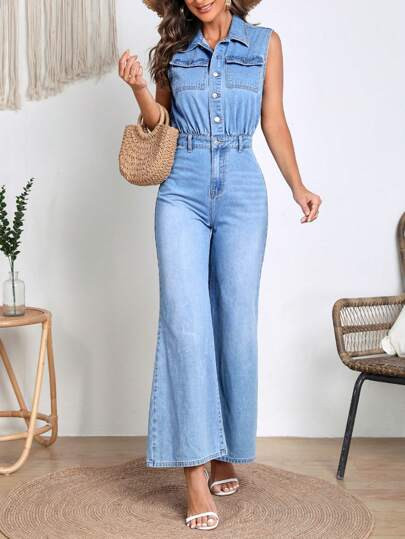 SHEIN Frenchy Flap Pocket Button Front Denim Jumpsuit | SHEIN