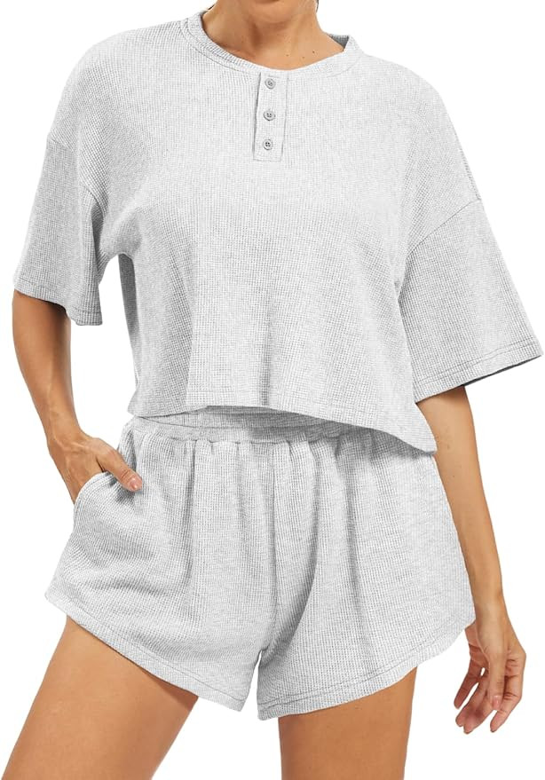 AnotherChill Women's Cropped Waffle Knit Lounge Set – Short Sleeve Henley Top and High Waisted ... | Amazon (US)