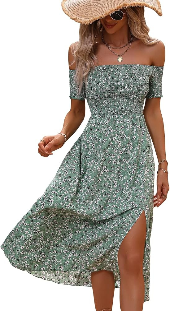 Amazon.com: SHENHE Women's Floral Split Thigh Square Neck Puff Short Sleeve Long Boho Dresses Smo... | Amazon (US)