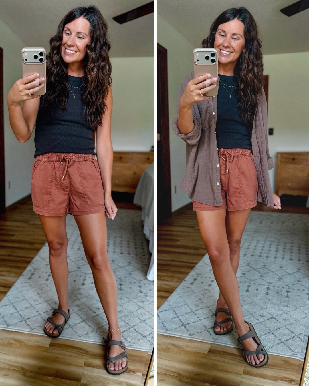 small in my bra, small in my tank, cs in my shorts and xs in my gauze button up. My Birkenstock sandals are size 36.

#LTKootd #LTKPetite #LTKOver40