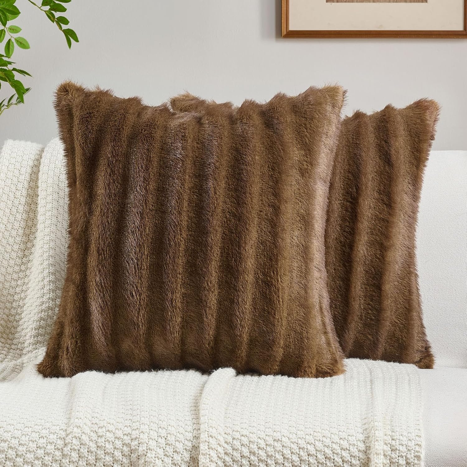 FUTEI Brown Decorative Throw Pillow Covers 18x18 Inch Set of 2,Soft Fluffy Faux Rabbit Fur Dyeing... | Amazon (US)
