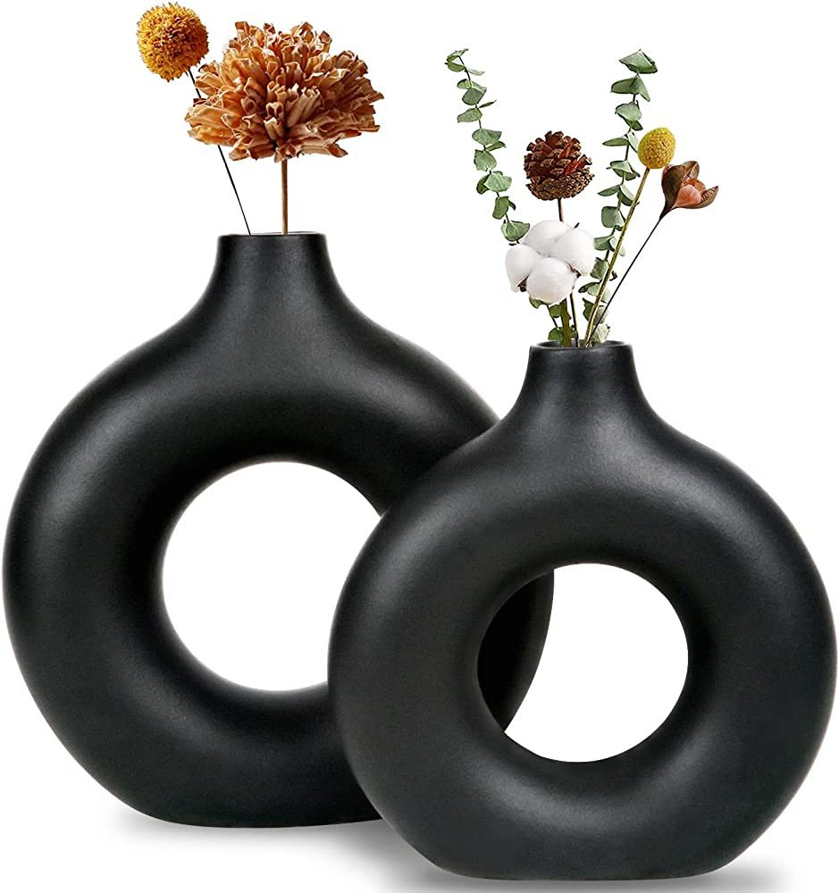 Black Ceramic Vase, Modern Vase for Minimalist Decor, Hollow Round Matte Pampas Flower Vases for ... | Amazon (US)
