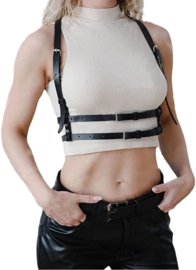 HLJA Punk Waist Harness Belt Fashion Body Chain 28''-37'' Black Leather Goth Rave Adjustable Body... | Amazon (US)