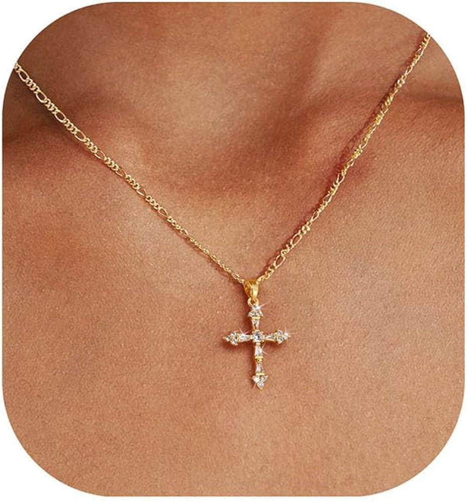 Cross Necklace for Women,Double Cross Necklace 14K Gold Plated Cross Pendant Necklace Dainty Gold... | Amazon (US)
