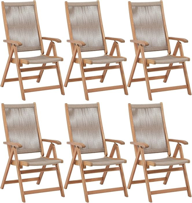 Folding Patio Dining Chair Set of 6, Outdoor Acacia Wooden Rope Reclining Chair w/Armrest, Solid ... | Amazon (US)