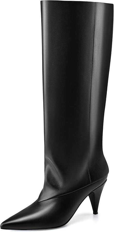 MIRAAZZURRA Knee High Boots Women Fold Over Boots Wide Calf Slouchy Cone Heel Pointed Toe Pull on... | Amazon (CA)