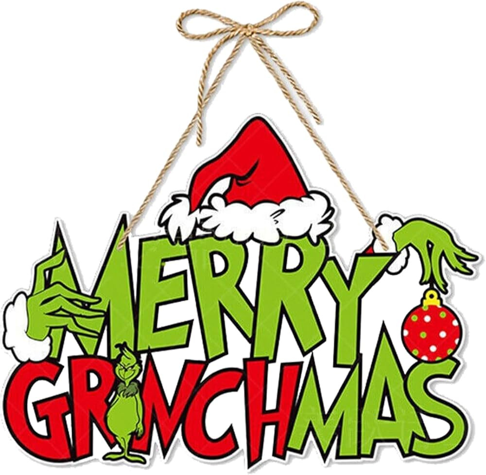 Merry Grinchmas Christmas Sign Decorations, 13.9'' Grinchmas Theme Wooden Hanging Sign Wreath Dec... | Amazon (US)