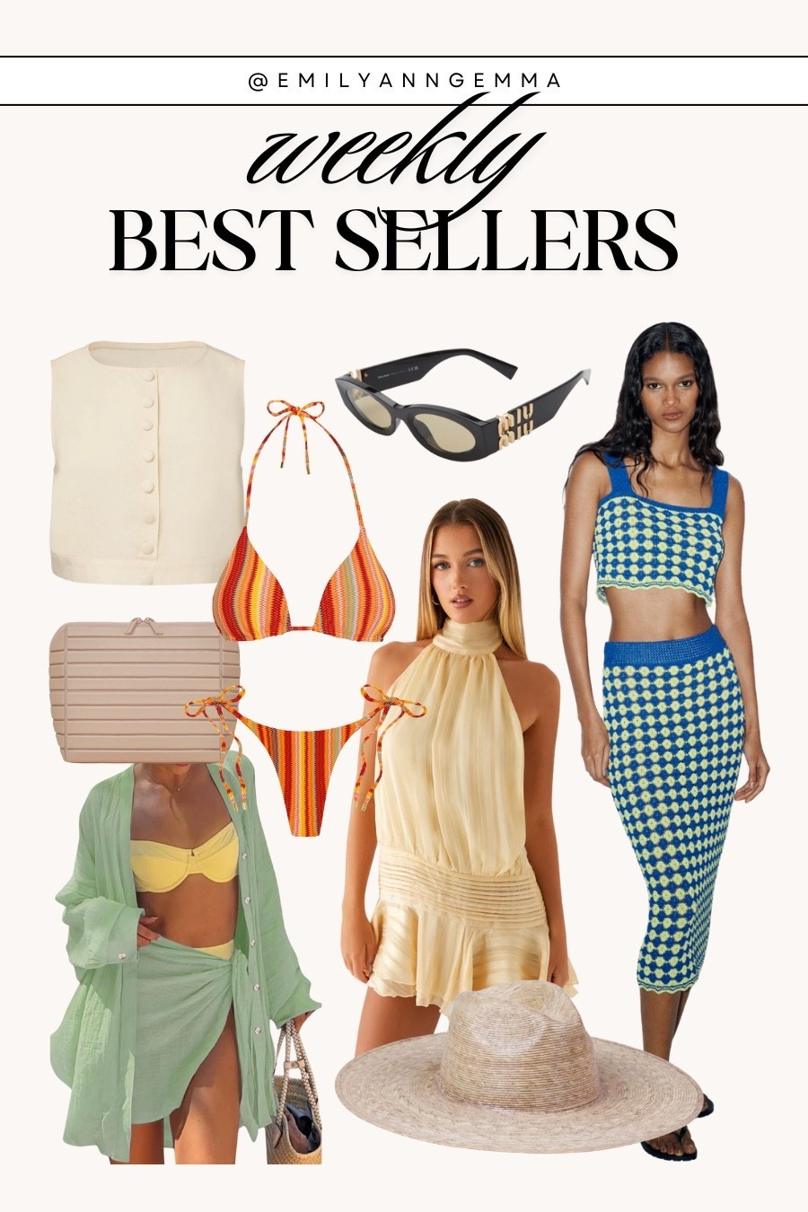 Weekly best sellers! 

Miu Miu sunglasses, Zara knit set, yellow mini dress, travel cosmetic case, green coverup, colorful bikini, and more of your favorites 🧡

#LTKStyleTip #LTKBeauty #LTKSwim