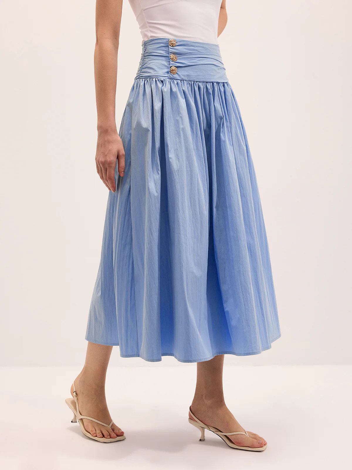 Cotton Blend Ruched Waist Midi Skirt | Commense