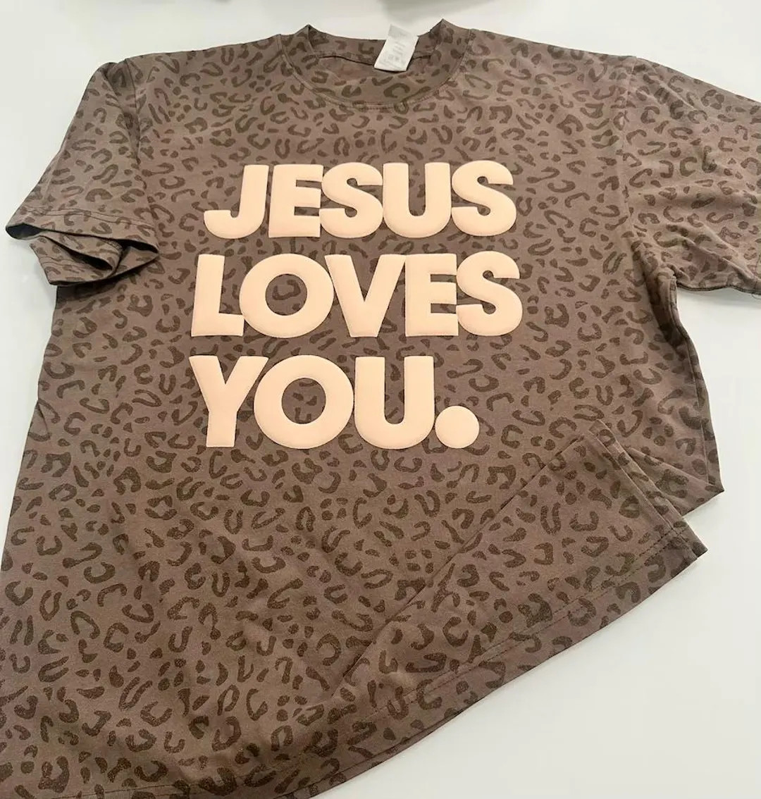 Vintage Leopard Print “Jesus Loves You” Oversized Tee | Etsy (US)