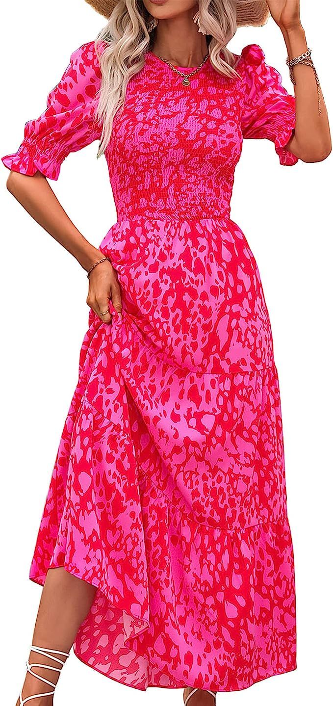BTFBM Women Casual Summer Dresses 2023 Spring Crew Neck Ruffle Short Sleeve Floral Leopard Smocke... | Amazon (US)