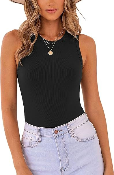 MISSJOY Women's Basic Sleeveless Racer Back Halter Neck Ribbed Bodysuit Tank Tops | Amazon (US)