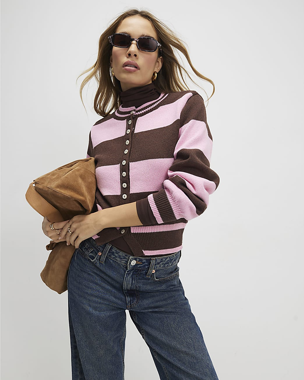 Brown Knitted Striped Cardigan | River Island UK & IE