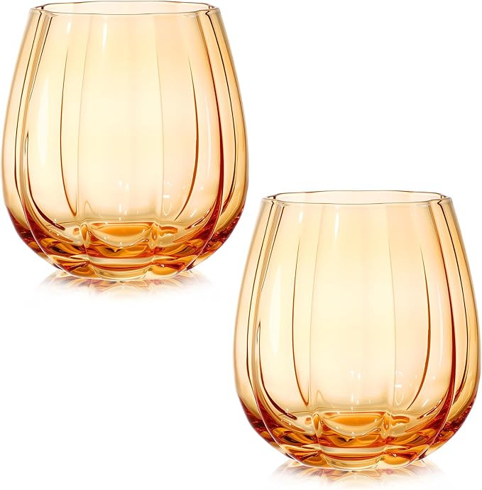 2 Pcs Fall Pumpkins Stemless Wine Glasses 17oz Wine Drinking Glass Cups Durable Vertical Ribbed T... | Amazon (US)