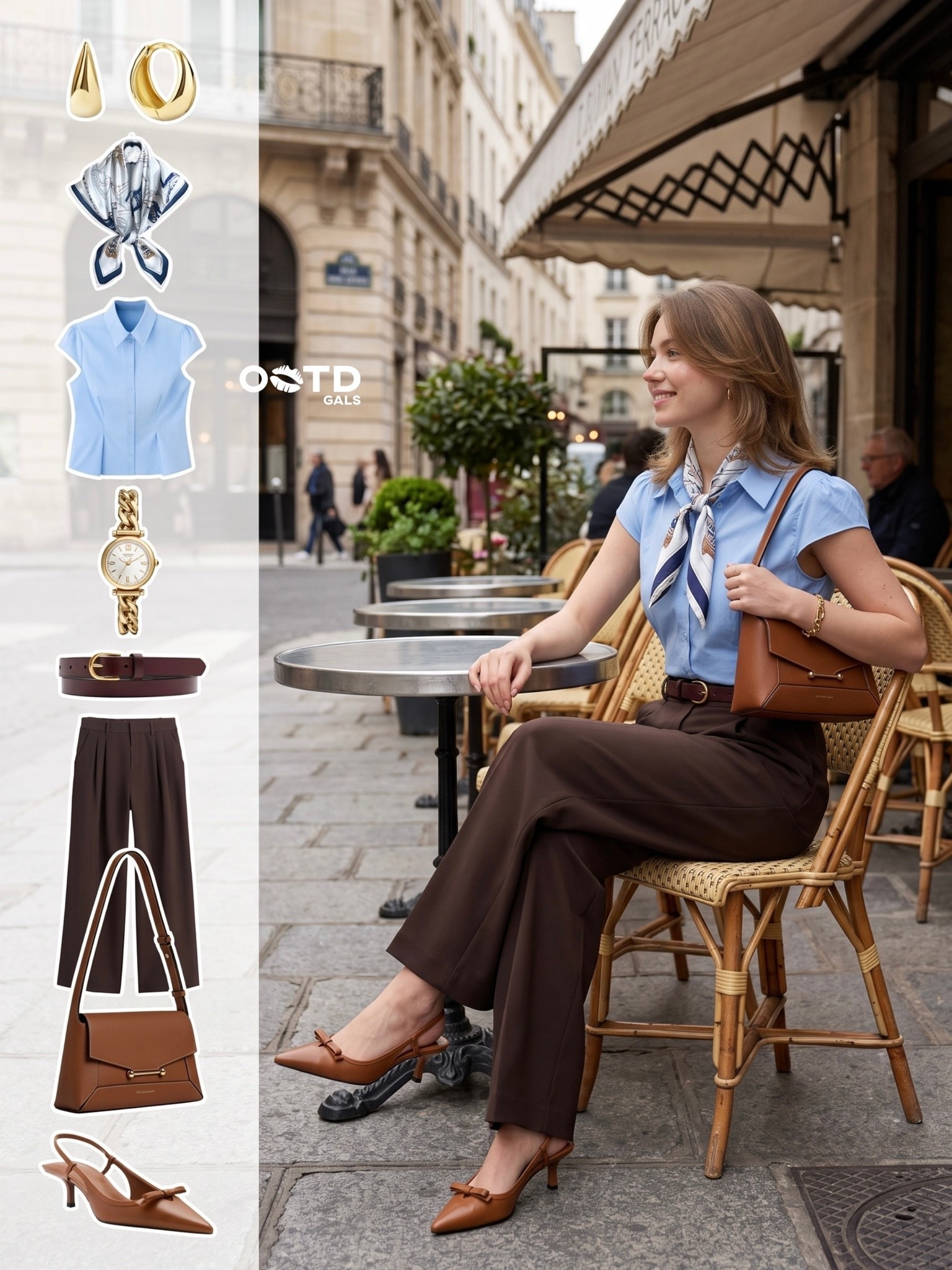 Parisian elegance with a modern twist 🤎🩵

A tailored powder blue blouse paired with rich chocolate brown trousers creates a timeless outfit that feels effortlessly sophisticated. Finished with warm cognac accessories and a printed silk scarf, this look blends classic French-inspired style with polished everyday elegance.

✨ Style Details:
• Powder blue cap-sleeve tailored blouse
• Chocolate brown high-waisted wide-leg trousers
• Slim brown leather belt with gold buckle
• Cognac structured shoulder bag
• Brown pointed slingback kitten heels
• Blue and ivory printed silk scarf
• Gold statement earrings
• Gold bracelet watch

The soft blue and deep brown color combination feels refined and versatile, while the silk scarf adds a chic finishing touch. It's the perfect balance of feminine tailoring and understated luxury.

Perfect for the office, business lunches, café meetings, city strolls, museum visits, travel days, dinner dates, or elevated everyday wear.

#LTKFashionMonth #LTKstyletip #LTKbag