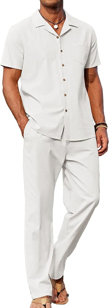 COOFANDY Men 2 Piece Linen Outfit Beach Button Down Shirt Casual Loose Pant Sets | Amazon (US)