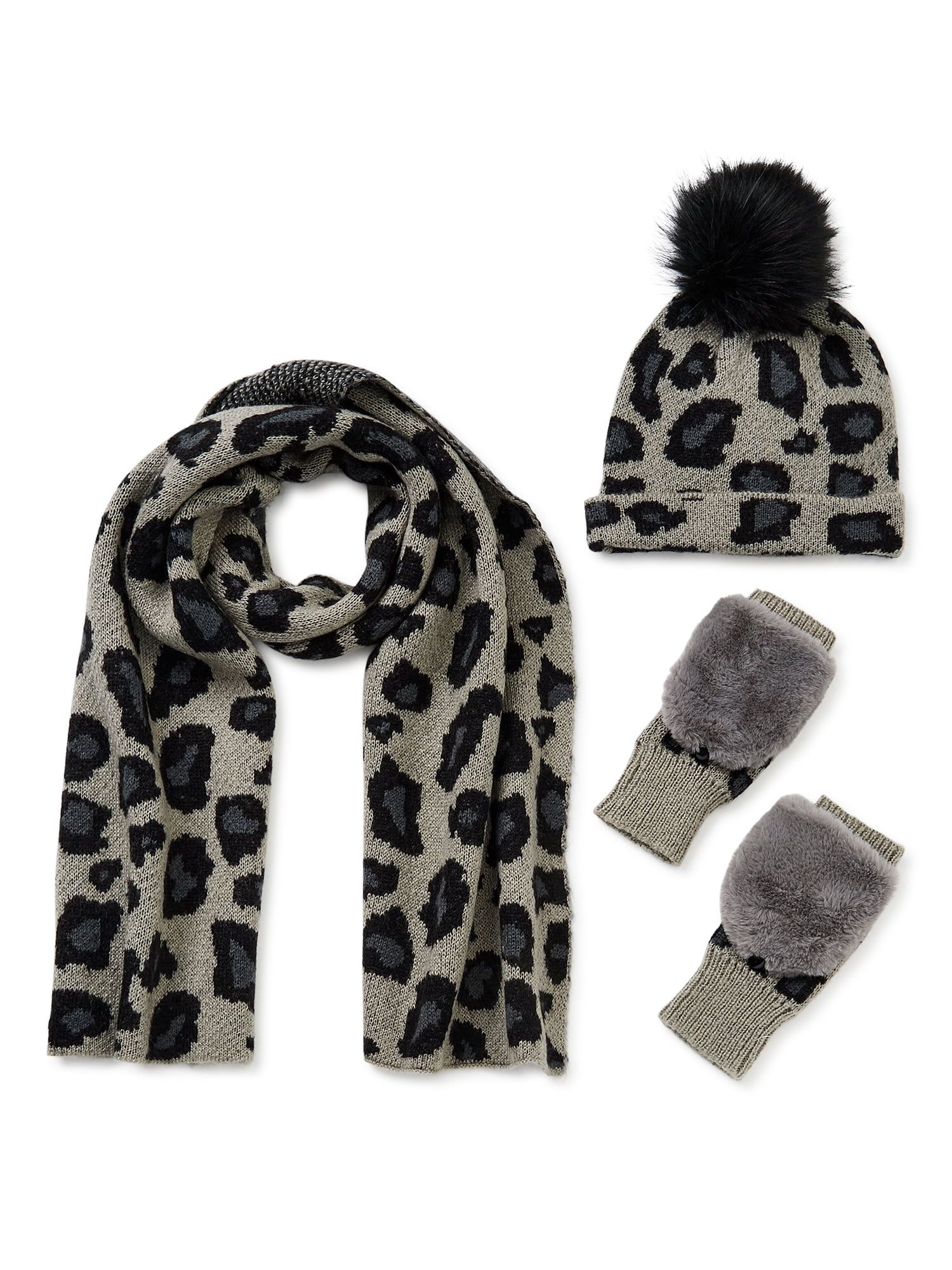 Scoop Women's Glam Faux Mohair Cheetah Beanie, Flip Top Mittens & Scarf, 3-Piece Set - Walmart.co... | Walmart (US)