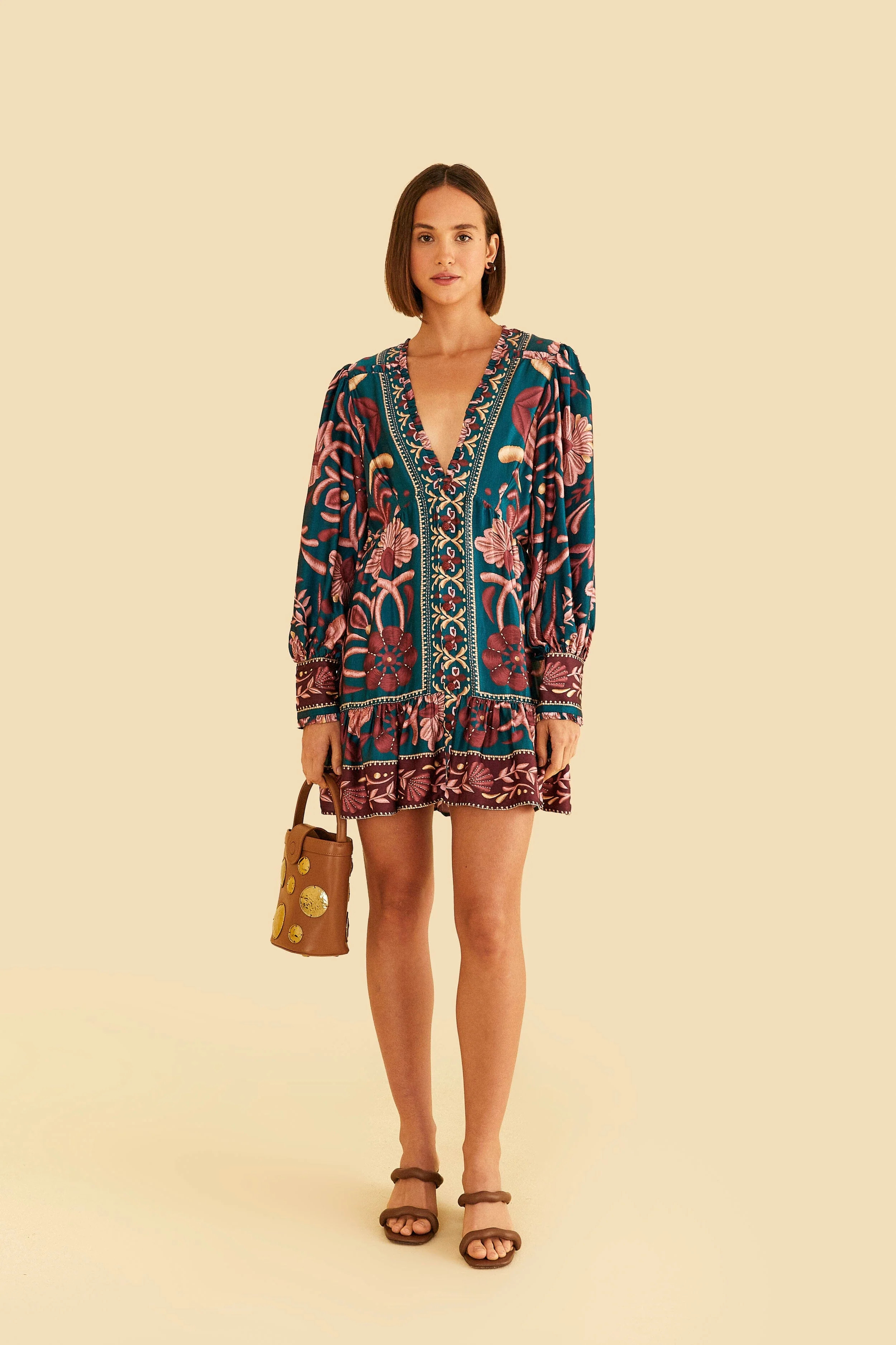 Teal Seashell Tapestry Lenzing™ Ecovero™ Viscose Mini Dress | FarmRio (US)