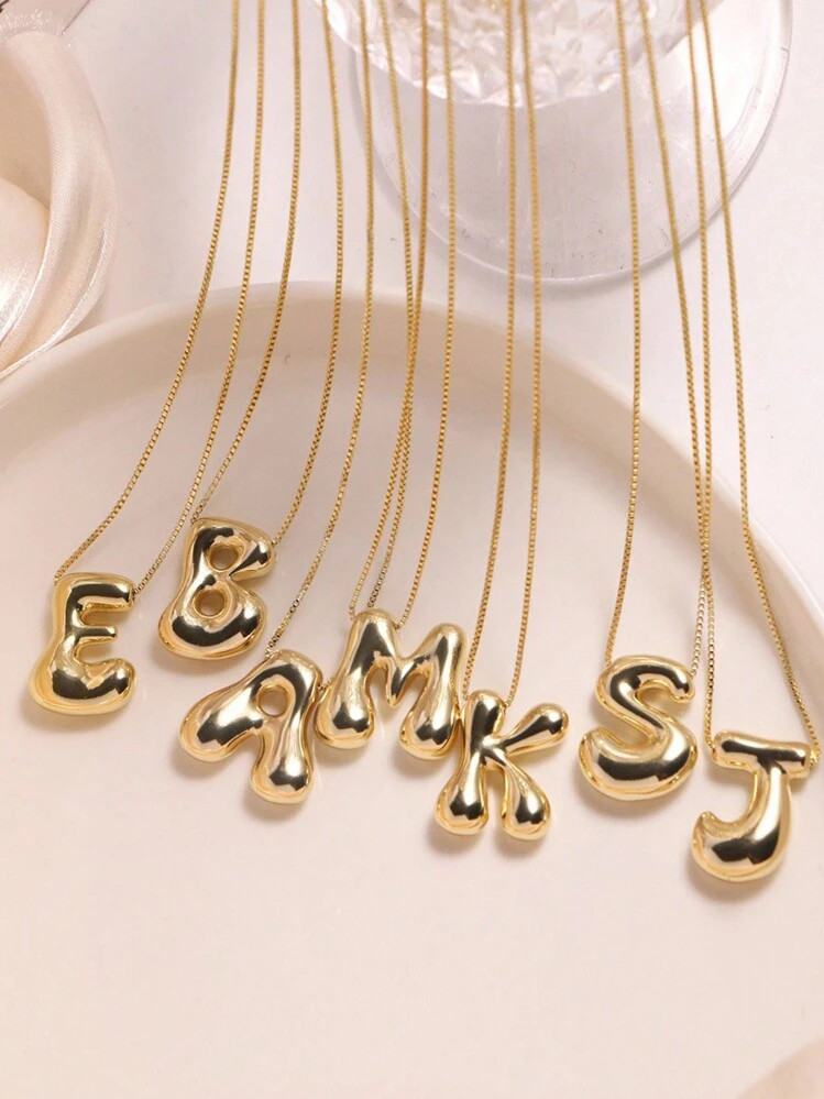 1pc Gold Plated Copper Chunky Alphabet Balloon Bubble Initial Letter Pendant Necklace For Women Men Personalized Fashion Jewelry | SHEIN