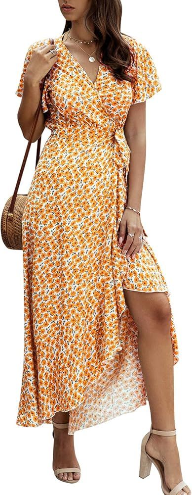 BerryGo Women's Boho V Neck Ruffle Floral Wrap Maxi Dress Orange 2 M at Amazon Women’s Clothing... | Amazon (US)