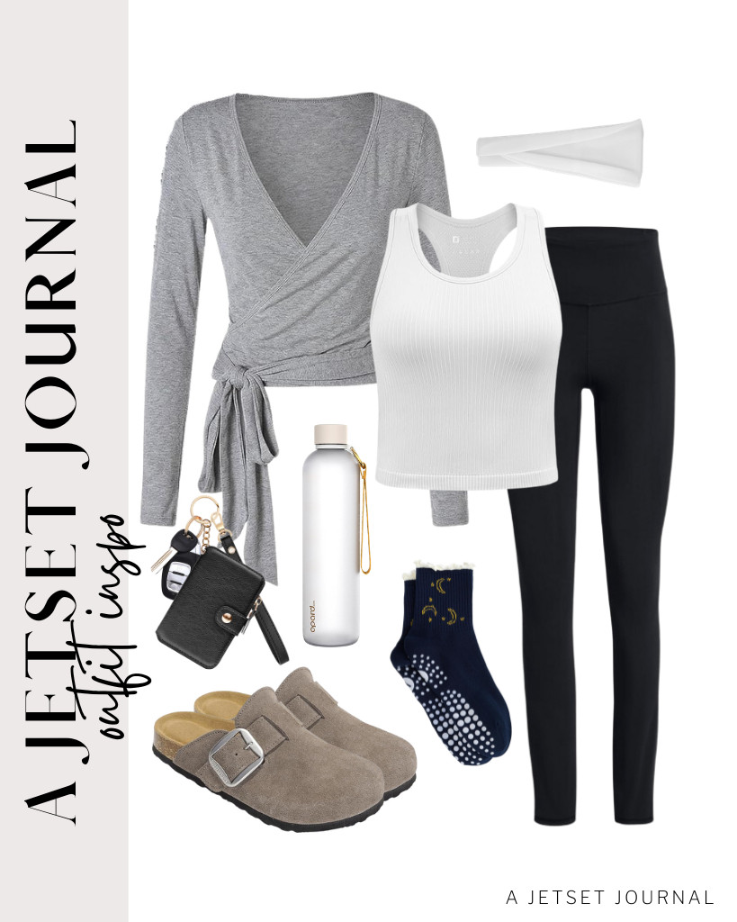 If you prefer this gray SweatyRocks pilates wrap paired with a SPORME RUNNING racerback tank top and black leggings, these black pilates socks and Project Cloud clogs are perfect! You can finish this look with a white elastic hairband and a black keychain wallet.

#LTKSeasonal #LTKSaleAlert #LTKTravel
 

 
